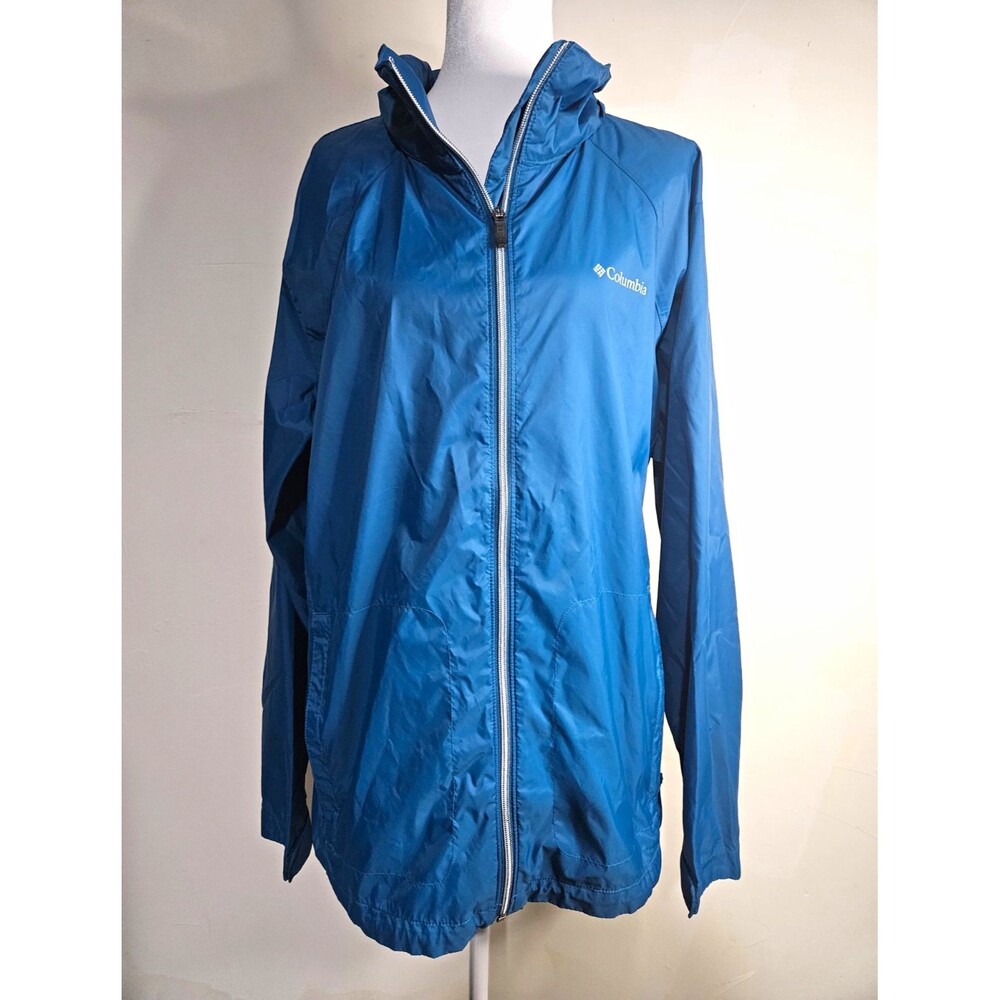 Columbia Women's Blue Hooded Full Zip Windbreaker Jacket Plus Size 2X Mid-Length